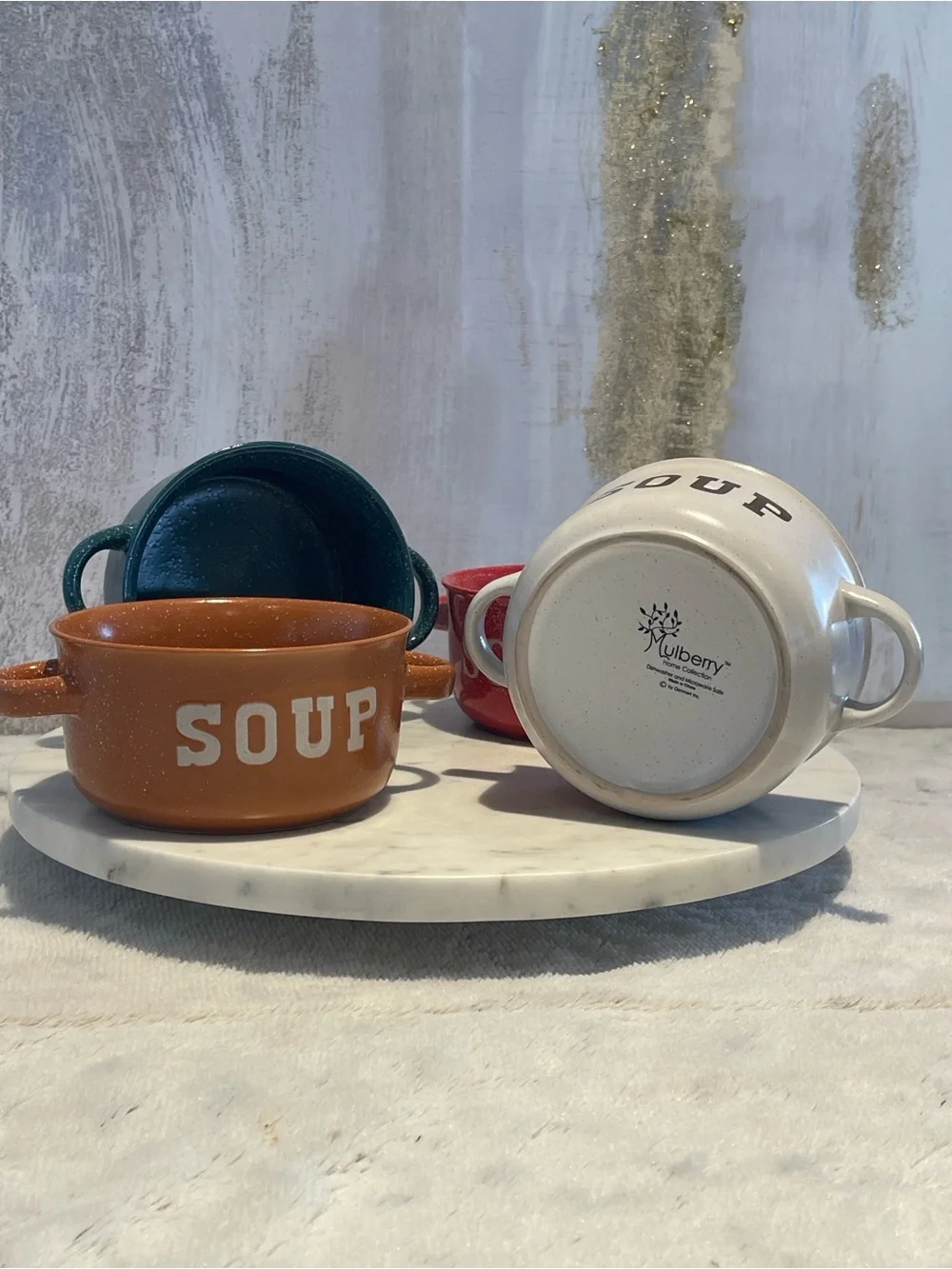Set of ceramic soup bowls with handles Red, Camel, Teal and white 💗🎁